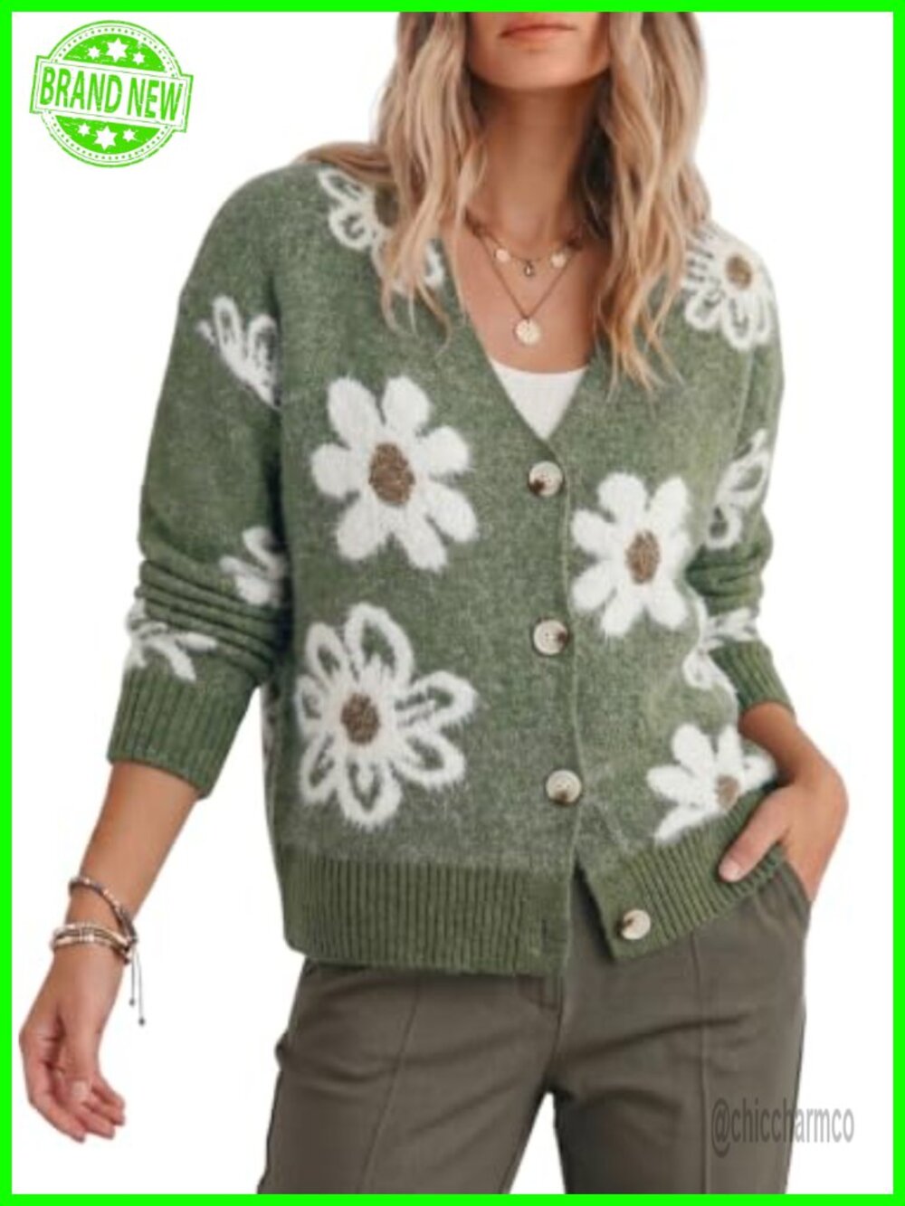 Fuzzy Knit Cardigan Sweater Floral Open Front Button Down